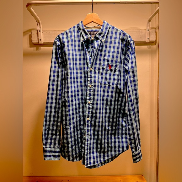US POLO ASSN. blue check long sleeve button down shirt mens Large - Picture 1 of 11